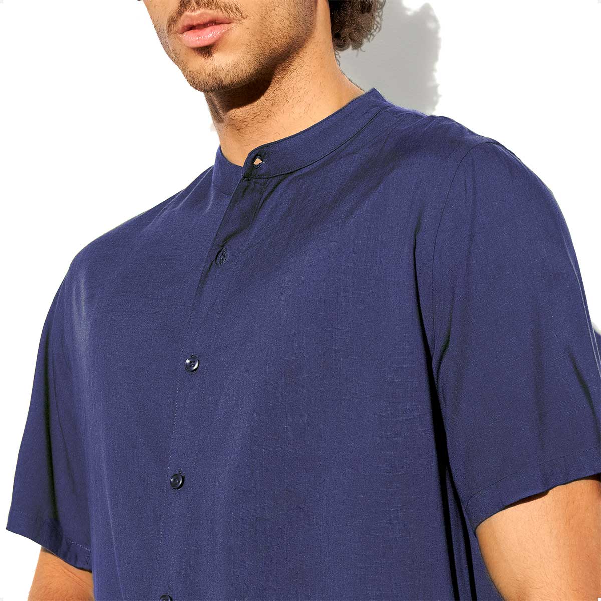 Camisas de Hombre Lino Azul Cuello Mao Manga Corta