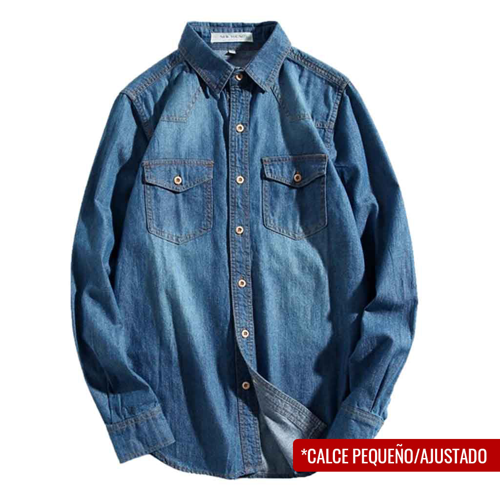 Camisa Botones Jean Manga Larga Azul