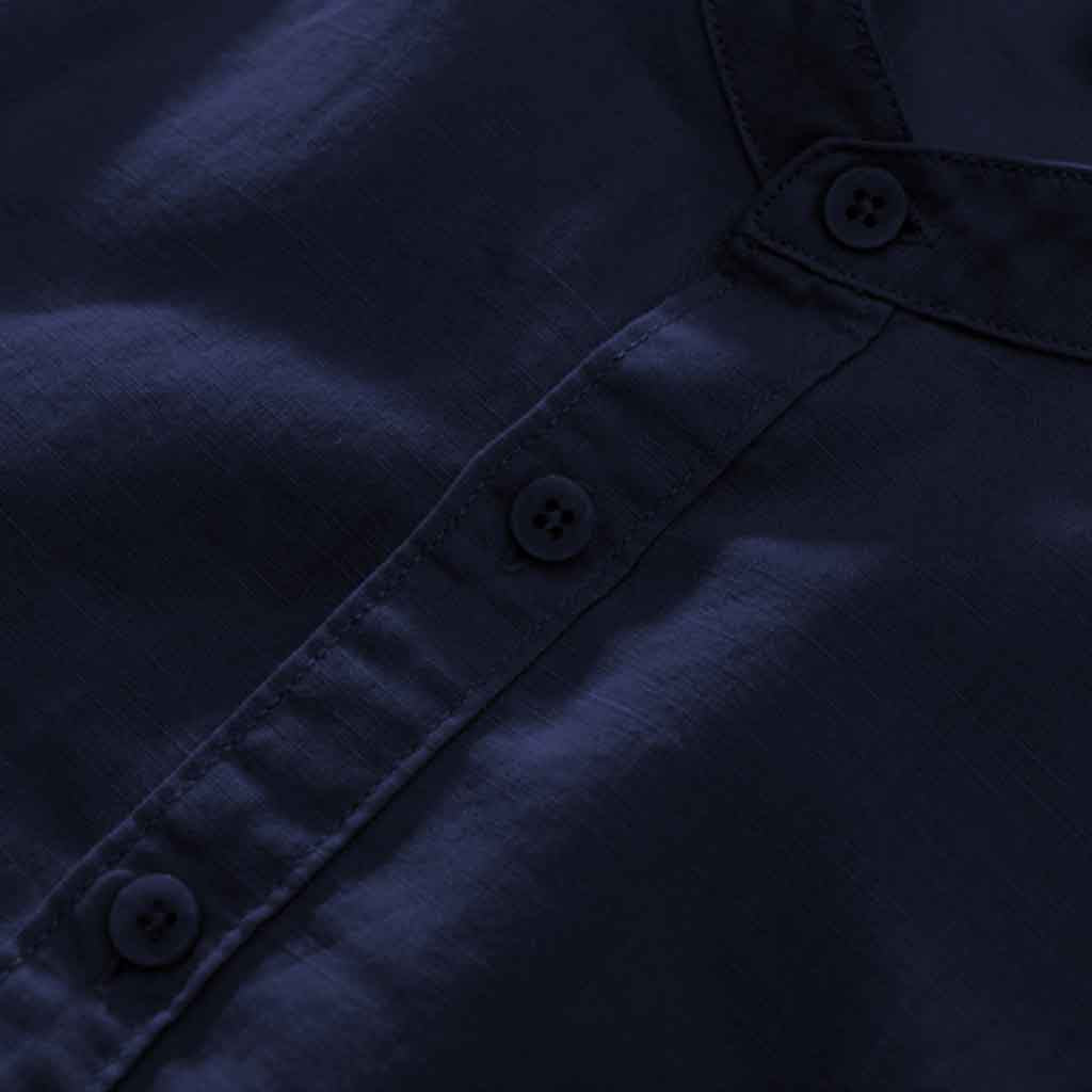 Camisas de Hombre Lino Azul Cuello Mao Manga Corta