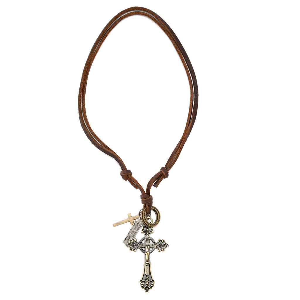Collar De Cuero Con Crucifijo Modelo Flor De Lis Vintage