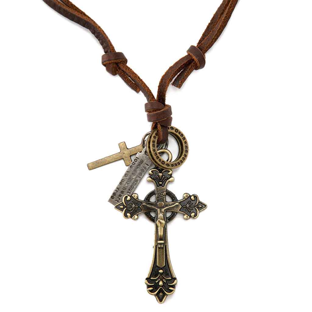 Collar De Cuero Con Crucifijo Modelo Flor De Lis Vintage