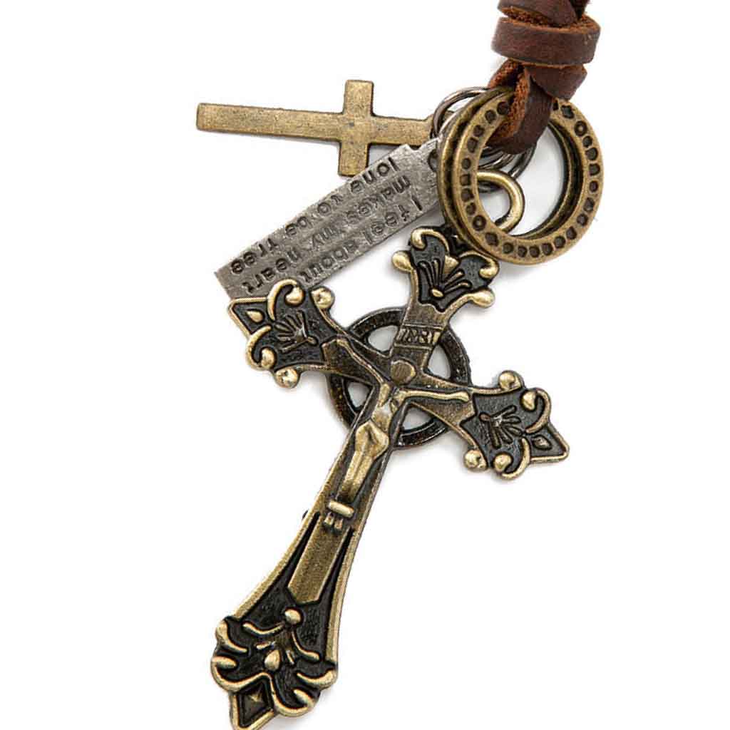 Collar De Cuero Con Crucifijo Modelo Flor De Lis Vintage