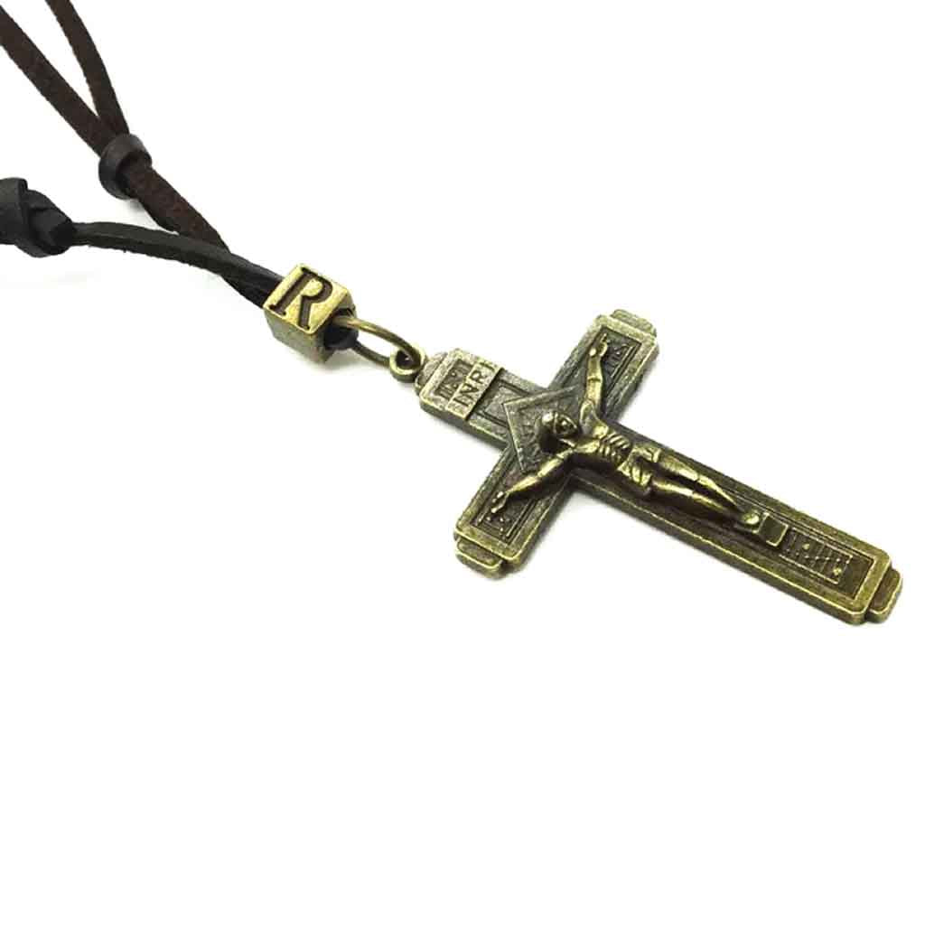 Collar Cadena Cuero Crucifijo Cruz Hombre Mujer Jesucristo