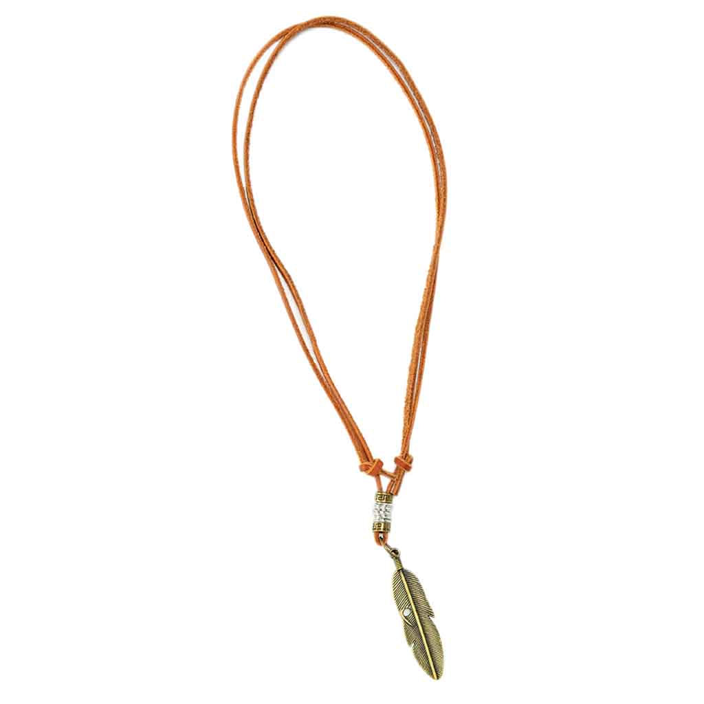 Collar  De Cuero Con Pluma Bronce Hmbre Mujer Moda Juvenil