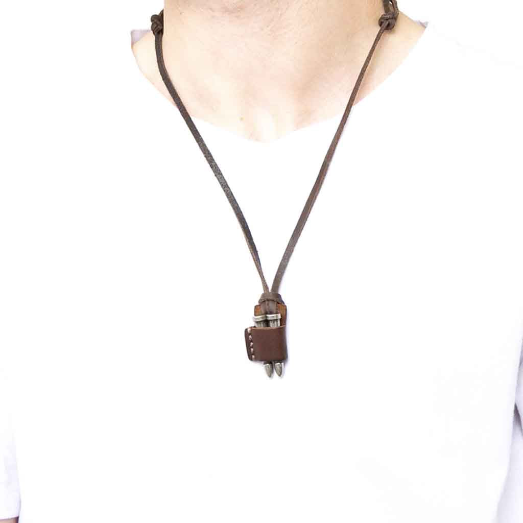 Collar De Cuero Hombre Café Dije De Doble