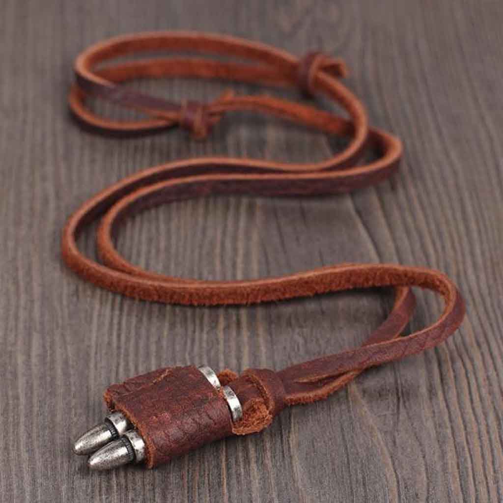 Collar De Cuero Hombre Café Dije De Doble