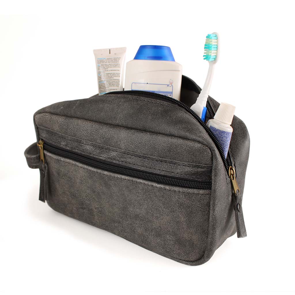 Neceser de Cuero Natural Gris con Bolsillo Externo