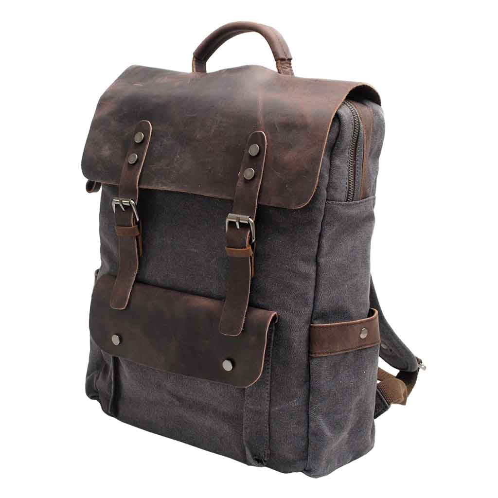 Mochila de Lona y Cuero Gris Vintage con hebillas