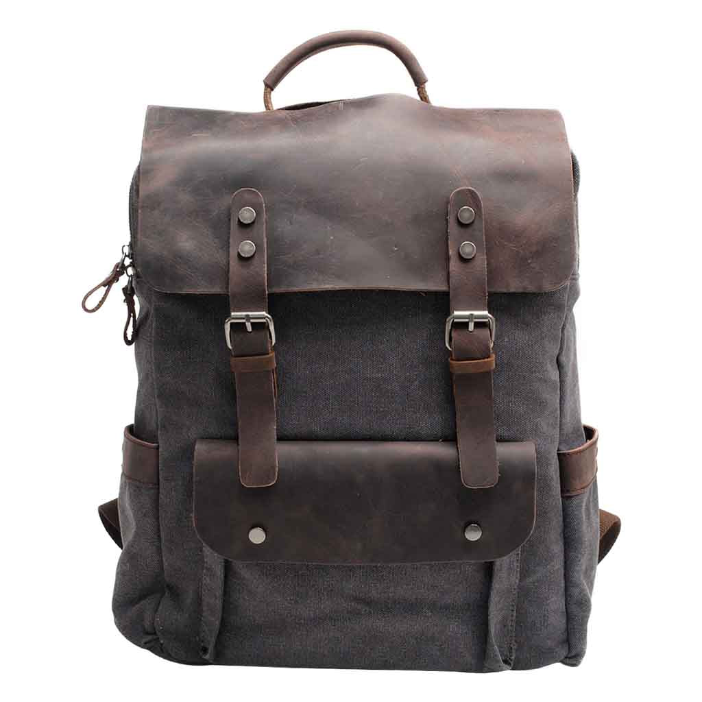 Mochila de Lona y Cuero Gris Vintage con hebillas