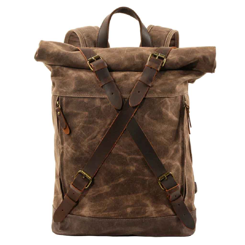 Mochila Lona Viajera Con Cruz en Cuero Modelo Café