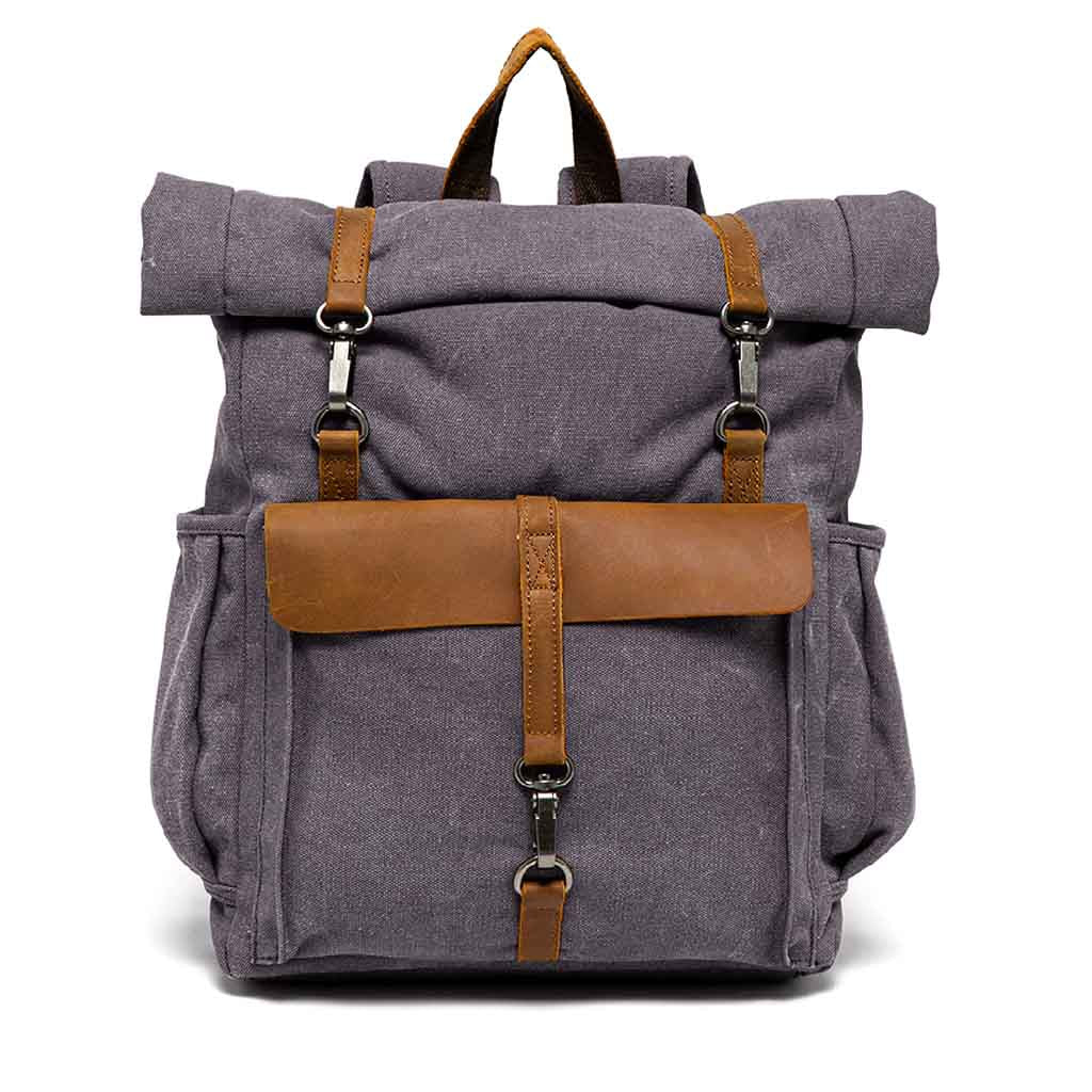 Mochila de Lona y Cuero Doblez Superior Ganchos