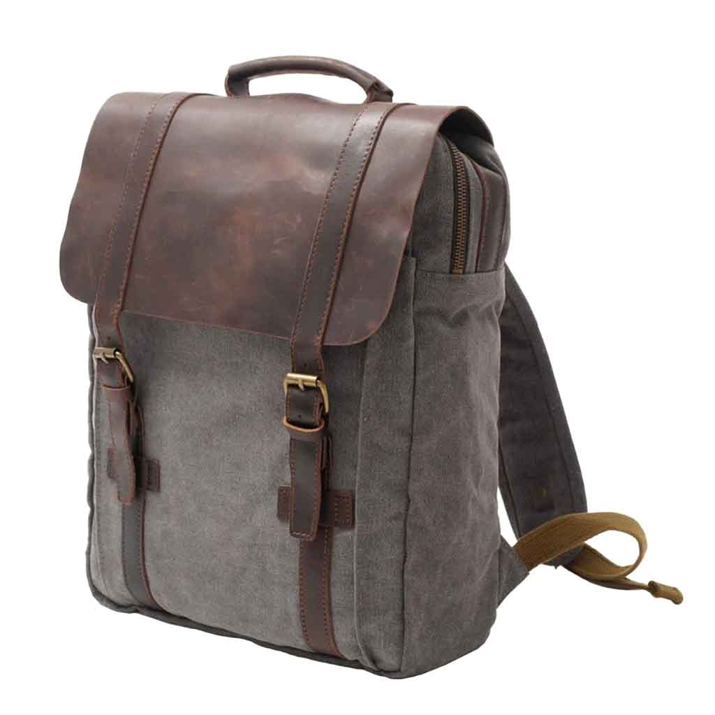 Mochila de Lona y Cuero Gris con Bolsillo Grande