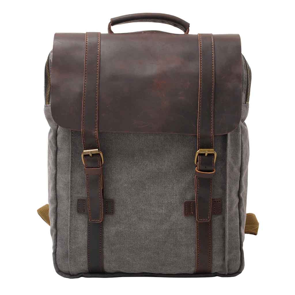 Mochila de Lona y Cuero Gris con Bolsillo Grande