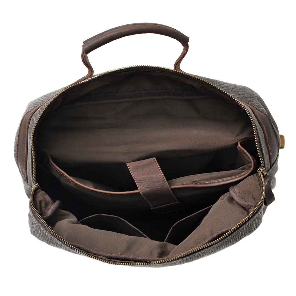 Mochila de Lona y Cuero Gris con Bolsillo Grande