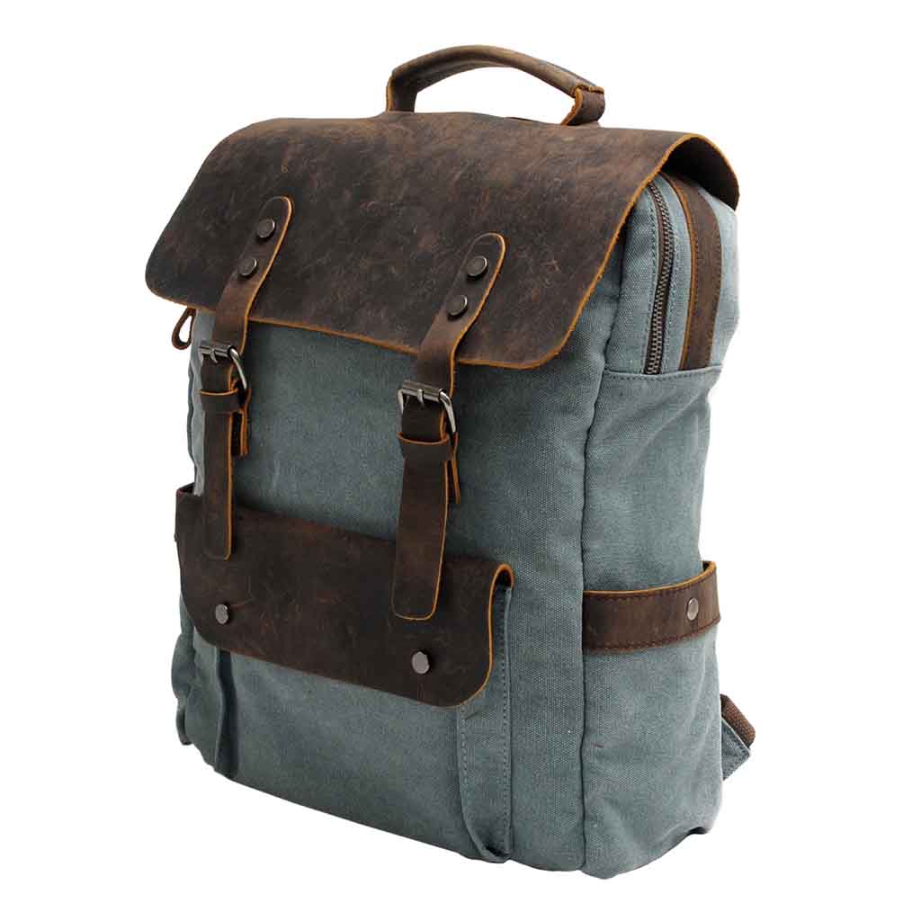 Mochila de Lona y Cuero Aguamarina Vintage con hebillas
