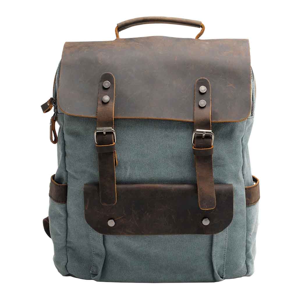 Mochila de Lona y Cuero Aguamarina Vintage con hebillas