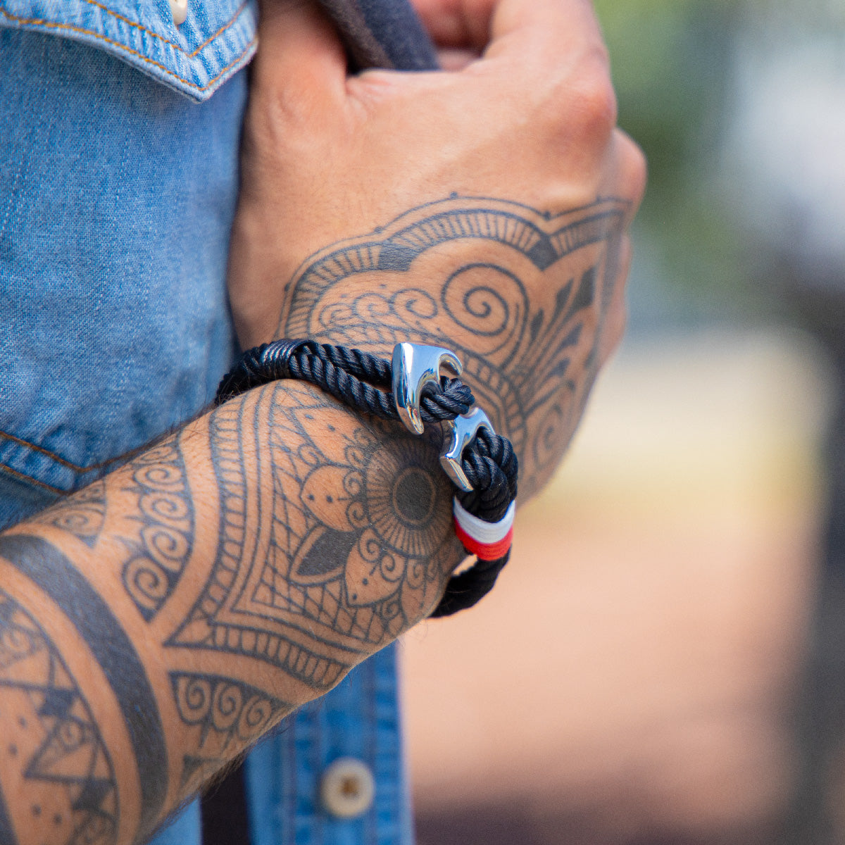 Pack 2 Pulseras de Piedra Volcánica y Cabeza de Buda y Pulsera Cuerda Negra con Ancla