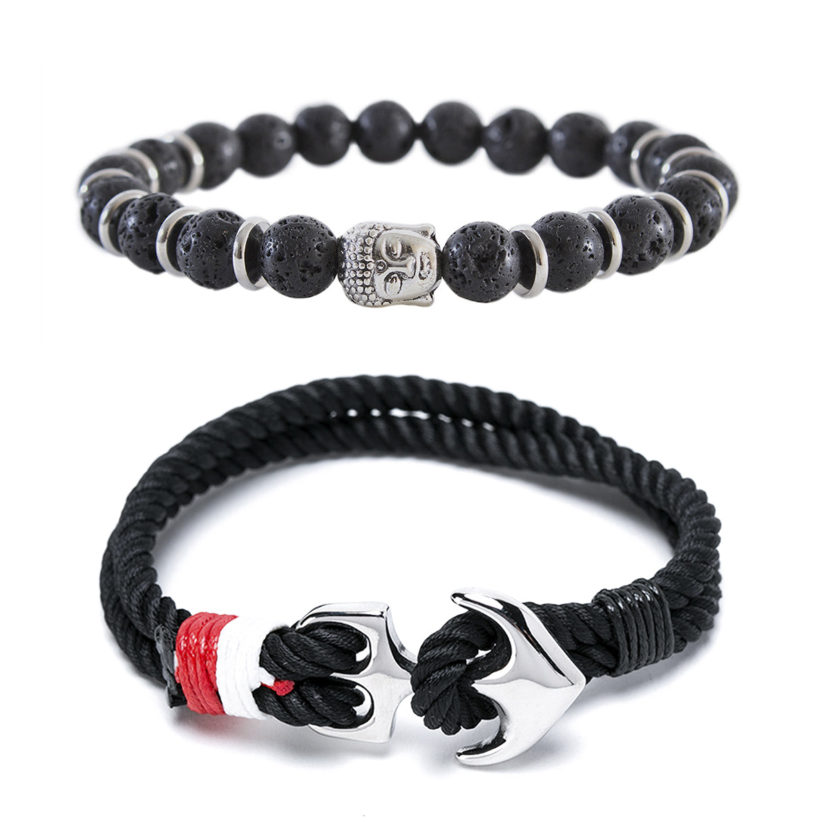 Pack 2 Pulseras de Piedra Volcánica y Cabeza de Buda y Pulsera Cuerda Negra con Ancla