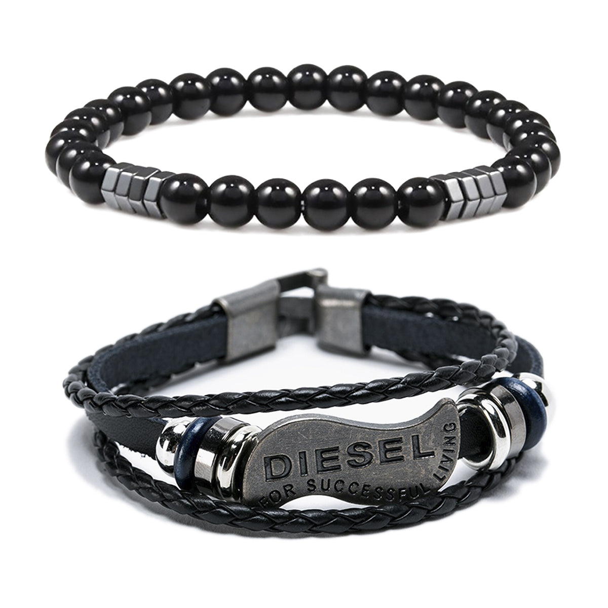 Pack Pulsera de cuero con dijes y placa acero y Pulsera piedra ónix brillante