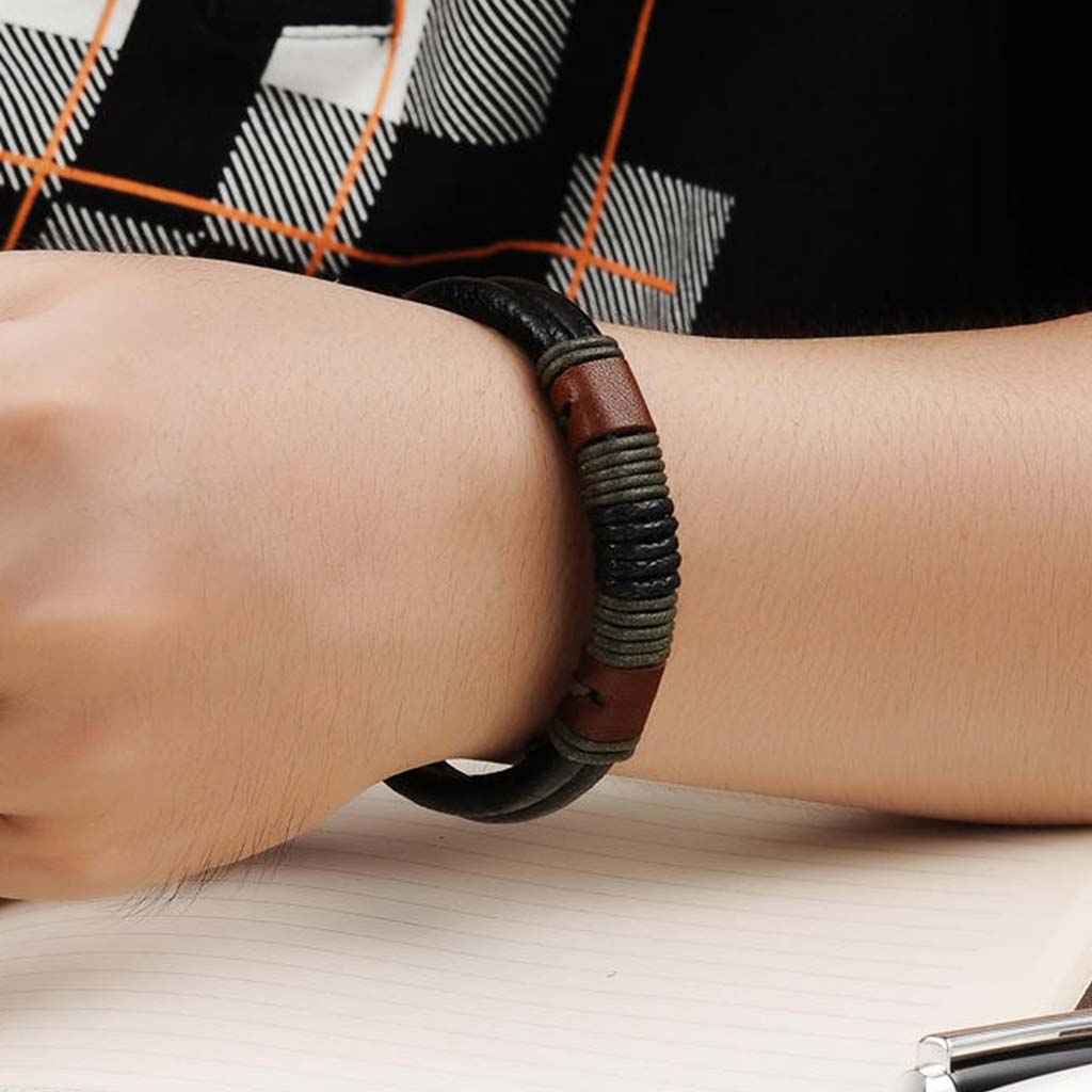 Pulseras de Cuero Negro Hombre Mujer Brazalete Hilos