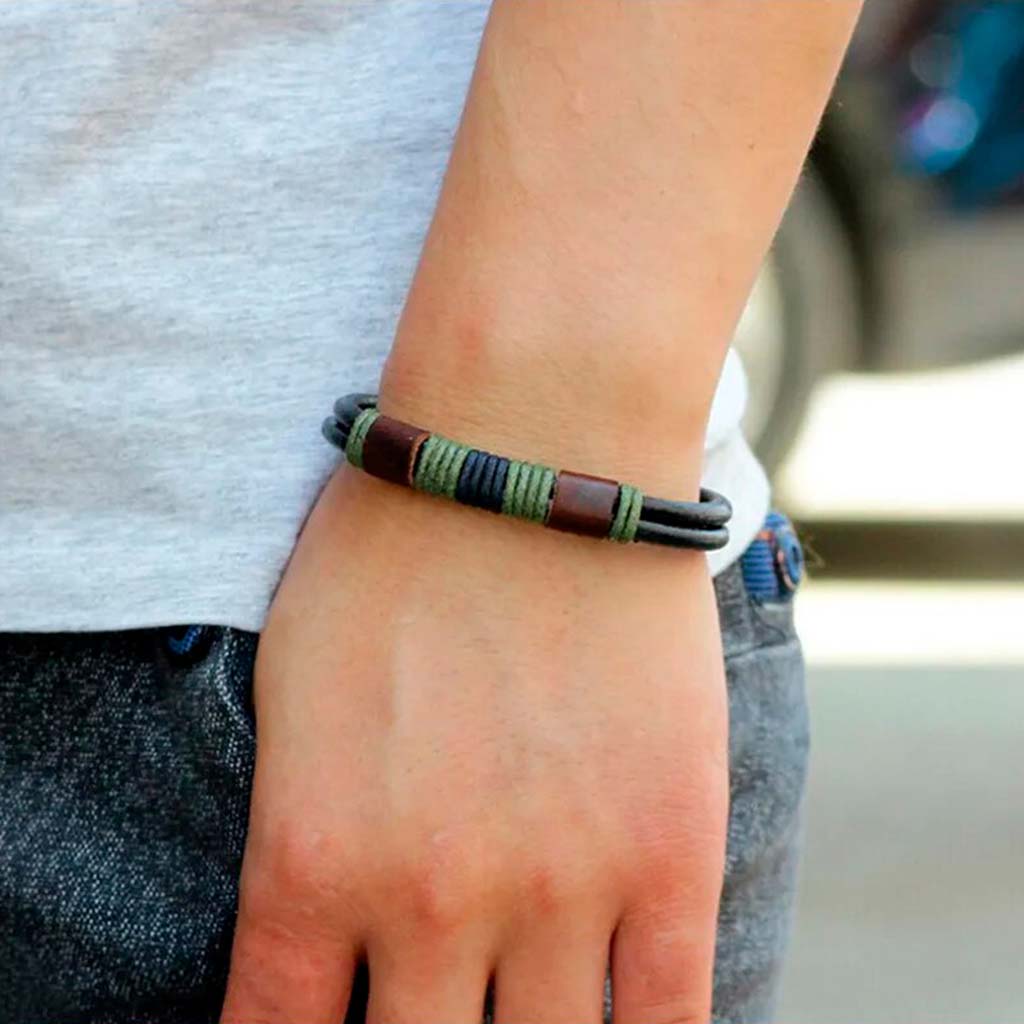 Pulseras de Cuero Negro Hombre Mujer Brazalete Hilos