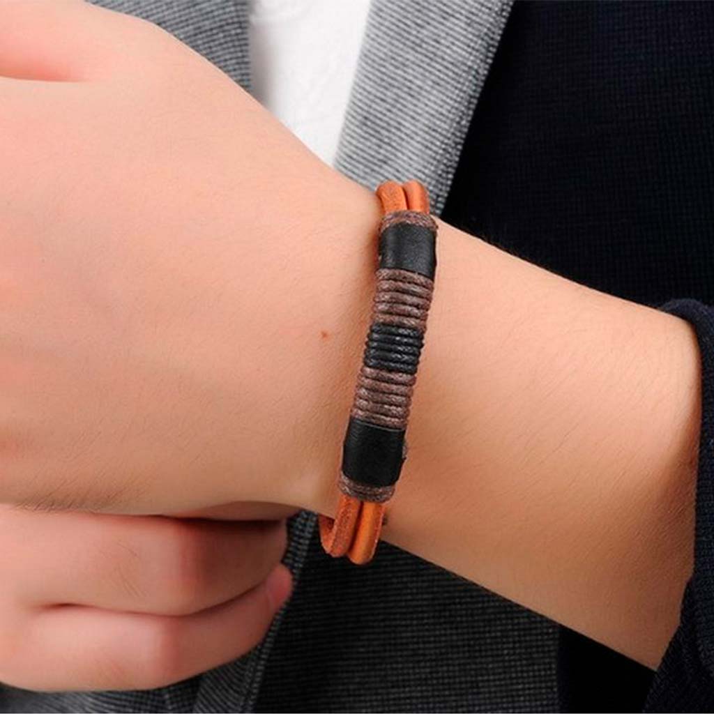 Pulseras de Cuero Naranja Hombre Mujer Brazalete Hilos Negro