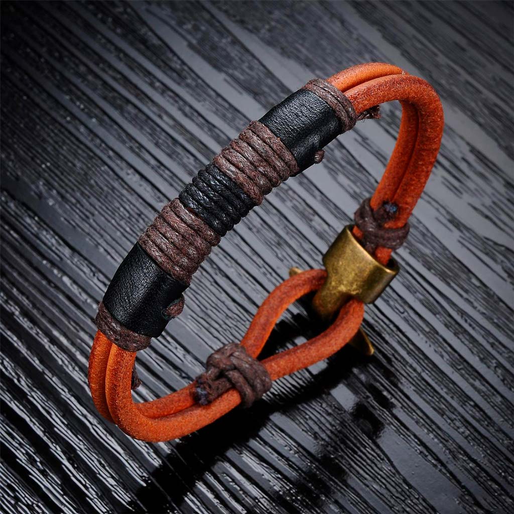 Pulseras de Cuero Naranja Hombre Mujer Brazalete Hilos Negro