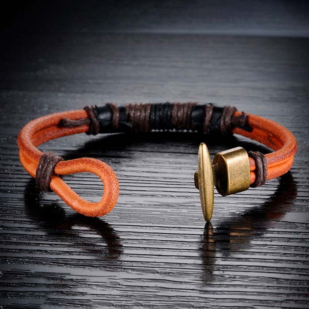 Pulseras de Cuero Naranja Hombre Mujer Brazalete Hilos Negro