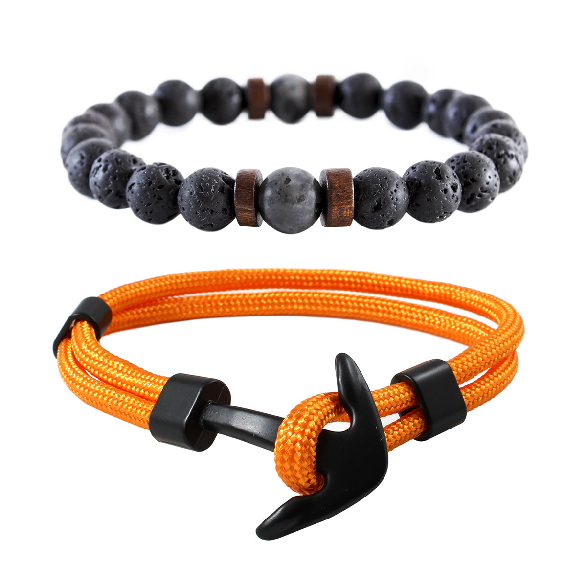 Pack 2 Pulsera de Piedra volcánica y Larvikita y Pulsera Outdoor Ancla Naranja