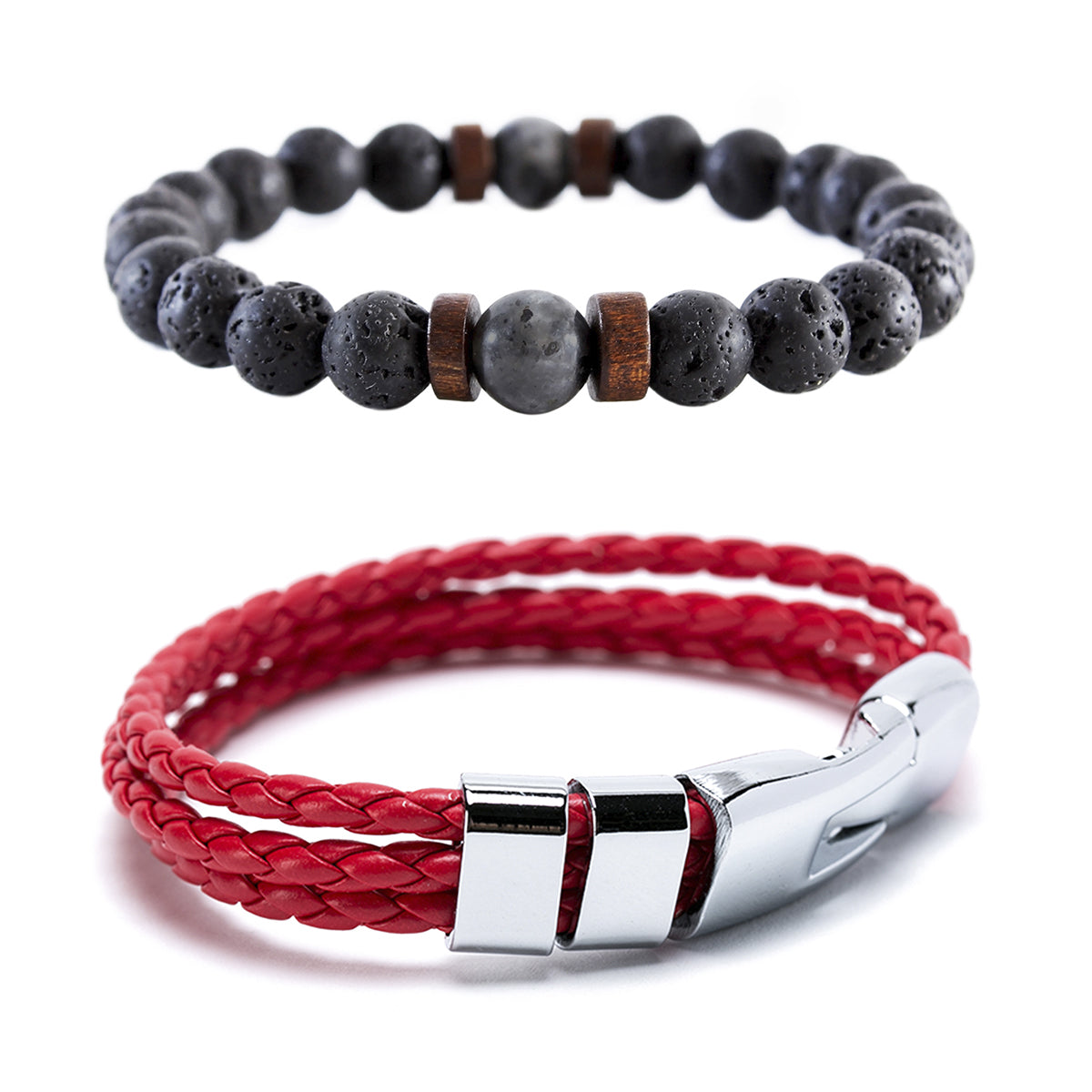 Pack Pulsera de piedra volcánica y pulsera de cuero roja con acero