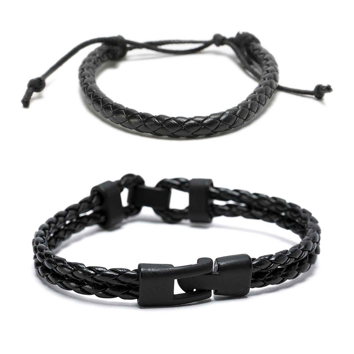 Pack 2 Pulseras de Cuero Negro Ajustable y Pulsera Cuero Doble Trenzado Dijes