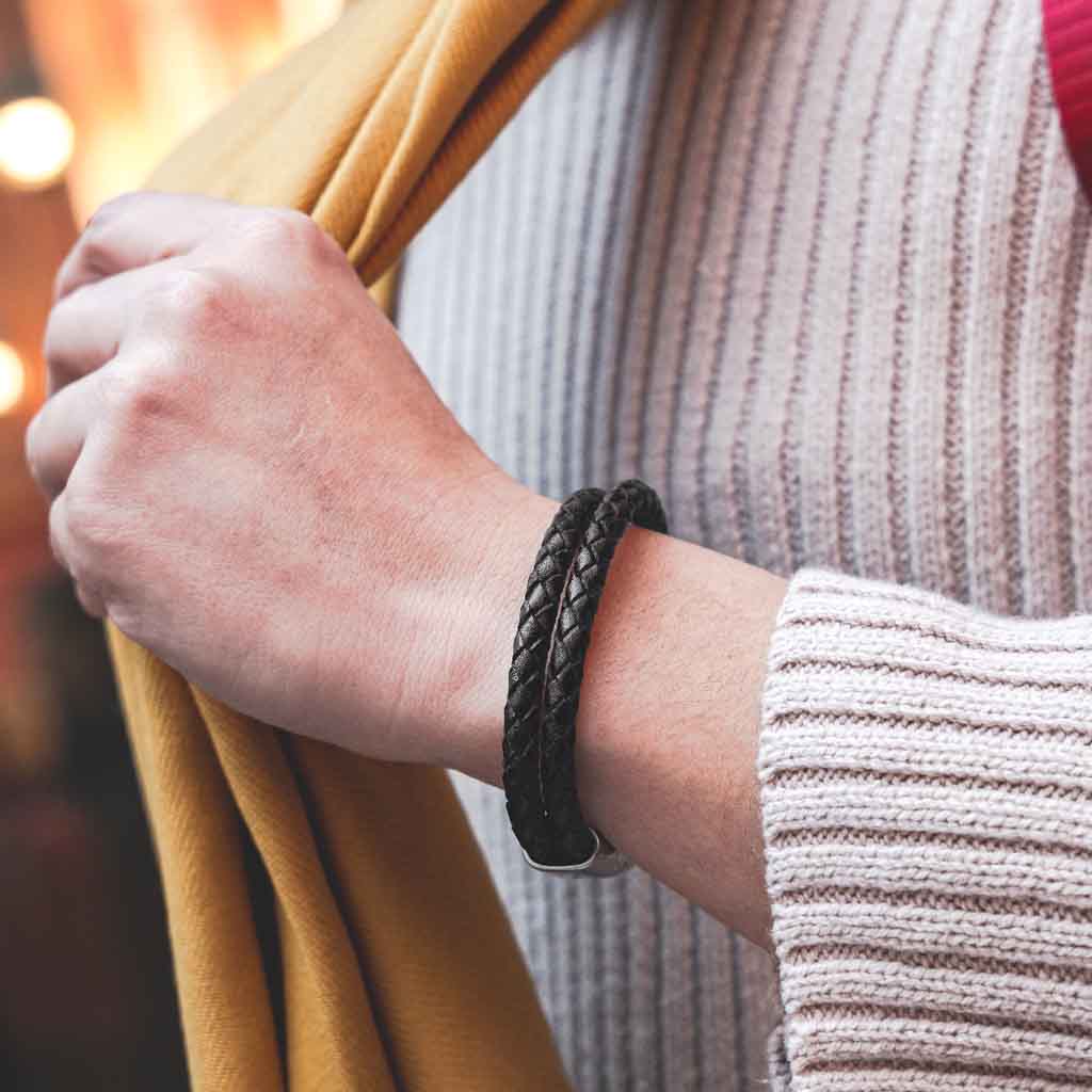 Pulsera Tejida De Cuero Con Broche Magnético Hombre Mujer