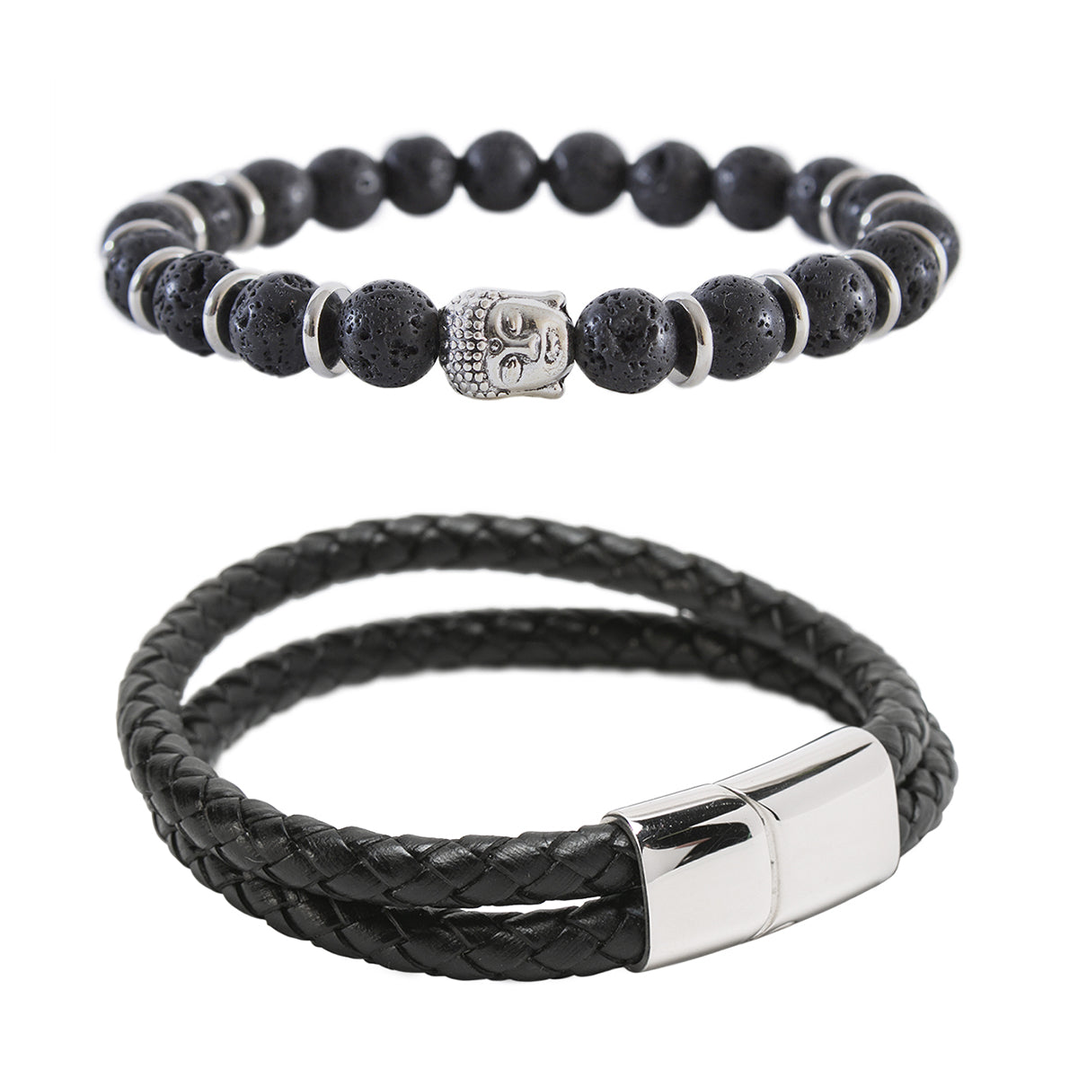 Pack Pulsera de cuero negro doble y pulsera con piedra volcánica Buda