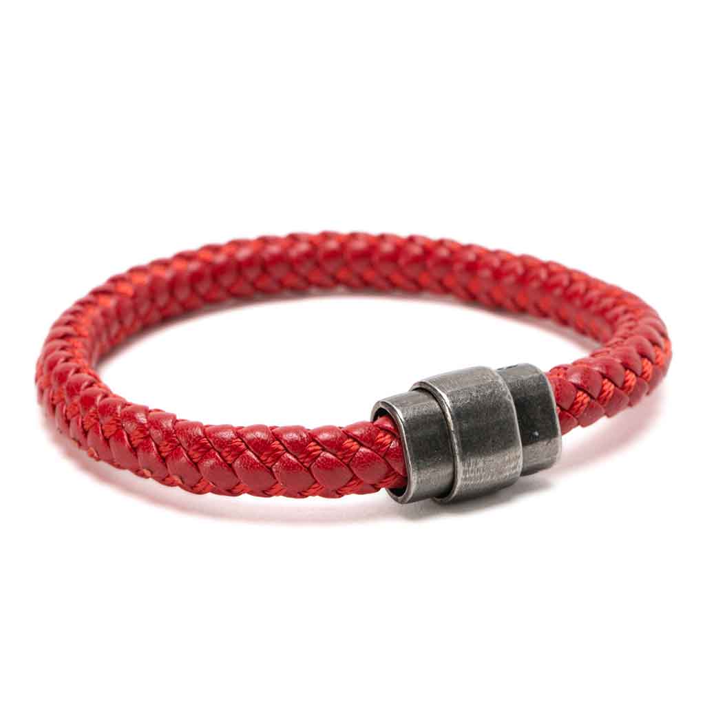 Pulsera de Hombre Cuero Rojo con Hilo Entretejido