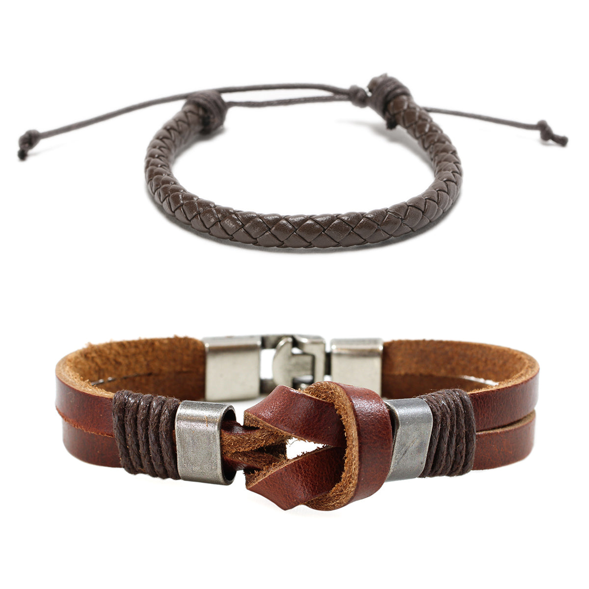 Pack 2 Pulseras Cuero Simple Marrón y Pulsera Cuero Café Infinito