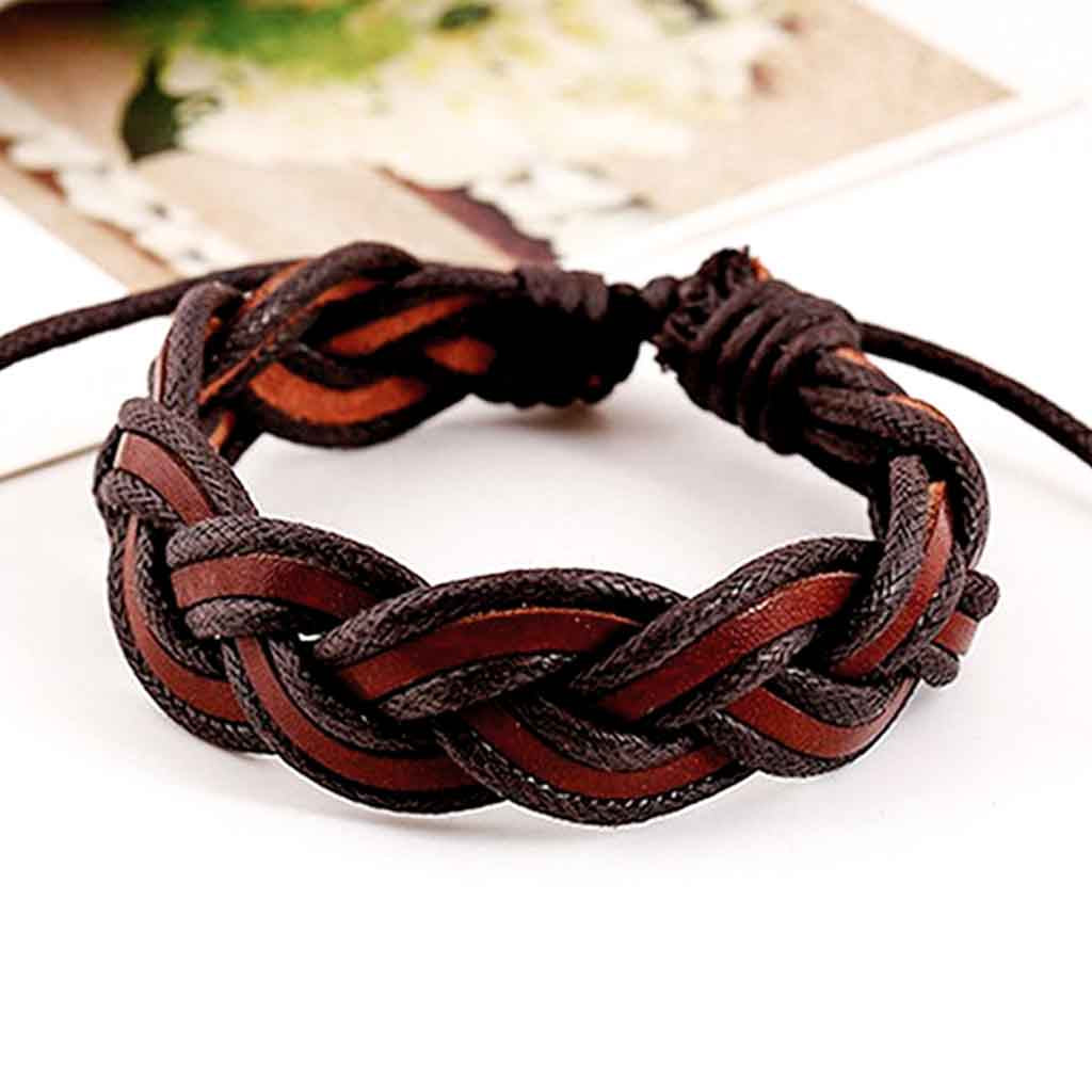 Pulsera Cuero Hombre Mujer Trenzado Café Ajustable