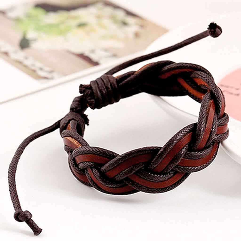 Pulsera Cuero Hombre Mujer Trenzado Café Ajustable