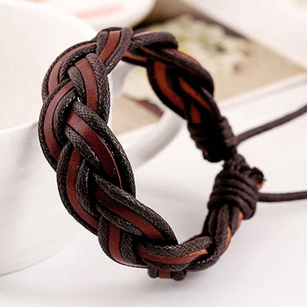 Pulsera Cuero Hombre Mujer Trenzado Café Ajustable