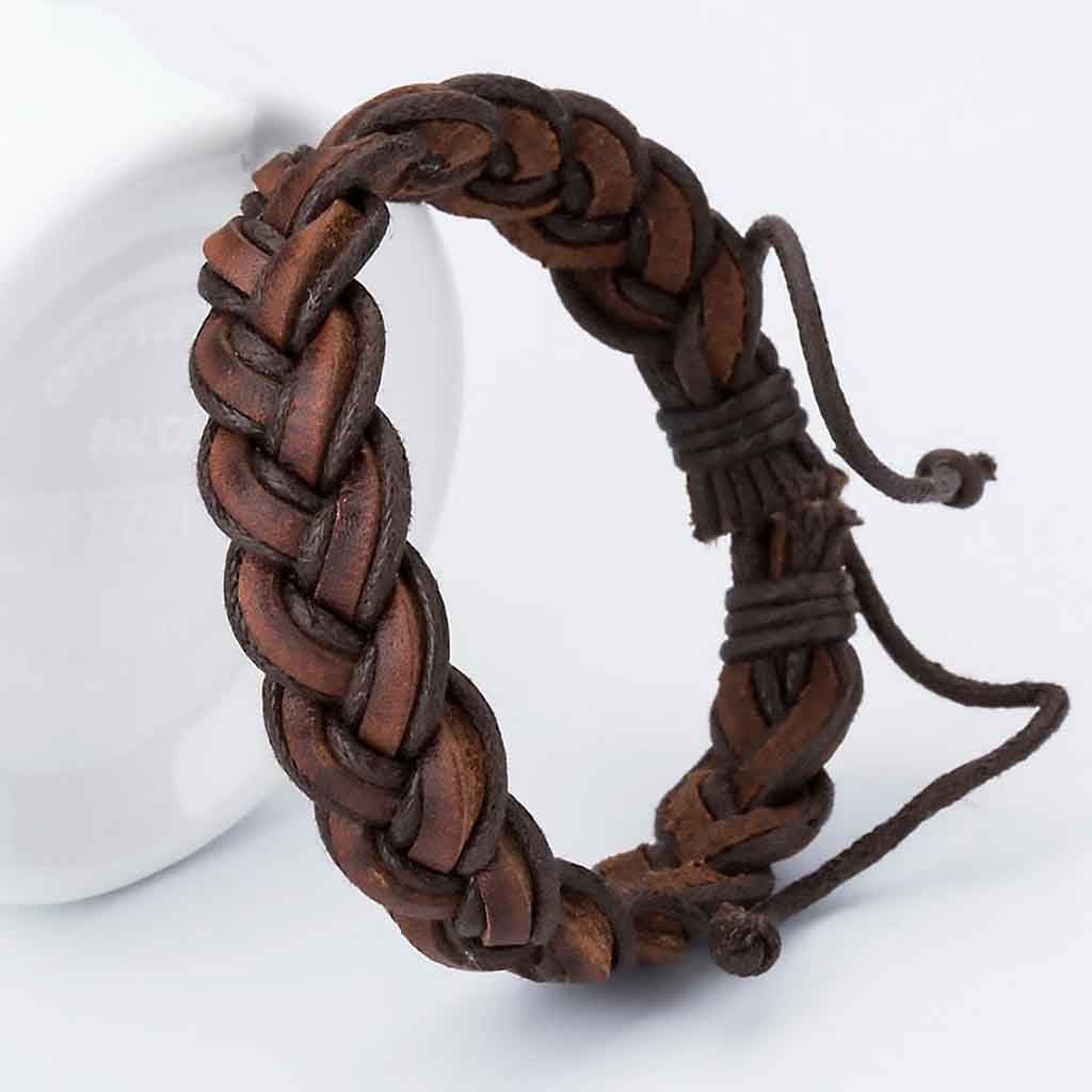 Pulsera Cuero Hombre Mujer Trenzado Café Ajustable