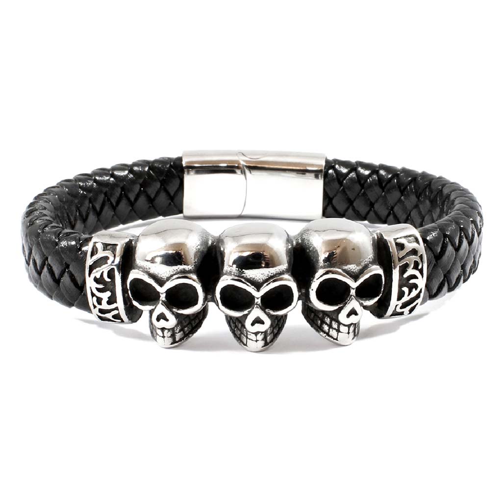 Pulseras para Hombre Pulseras de Cuero Negro Calaveras
