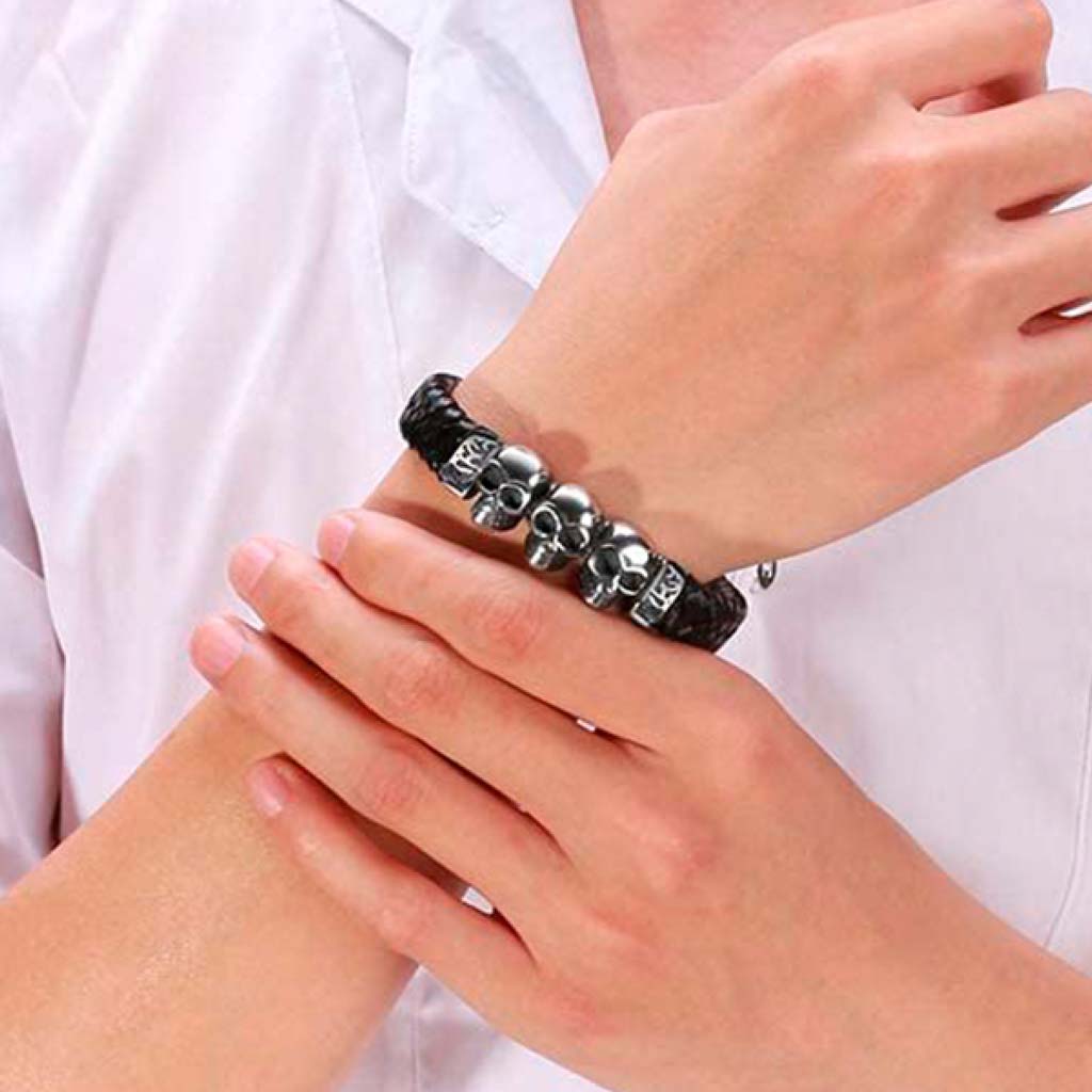 Pulseras para Hombre Pulseras de Cuero Negro Calaveras
