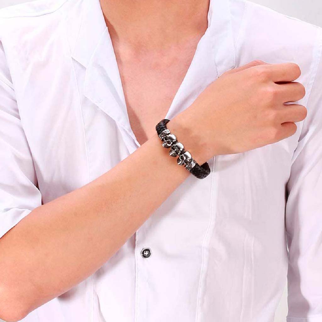 Pulseras para Hombre Pulseras de Cuero Negro Calaveras