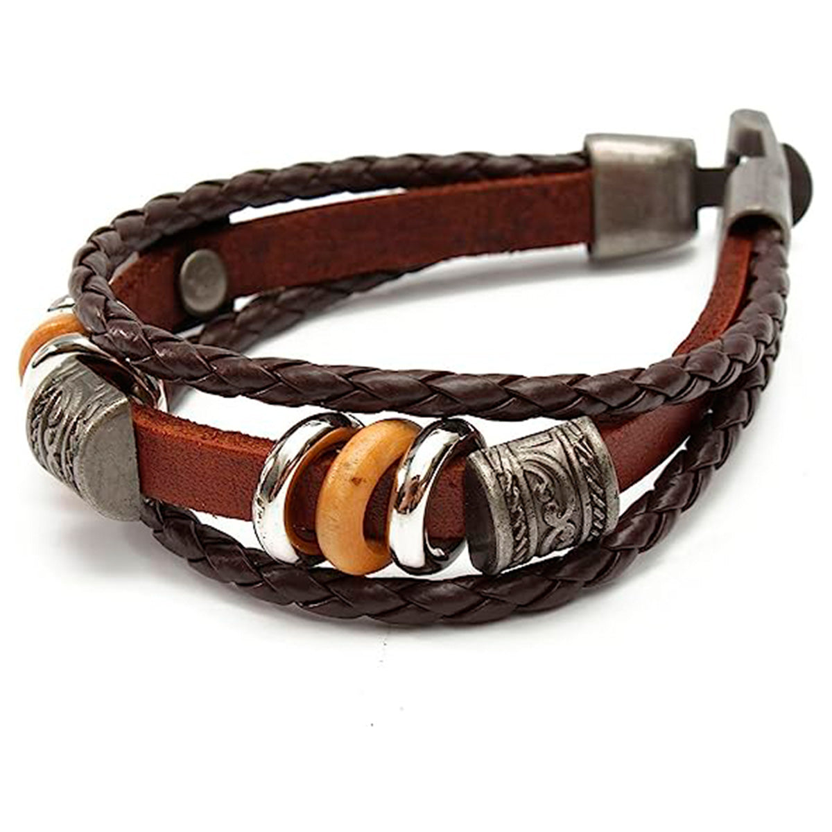 Pack 2 Pulseras Cuero con Piedras Café y Pulsera Budista Marrón Multicolor