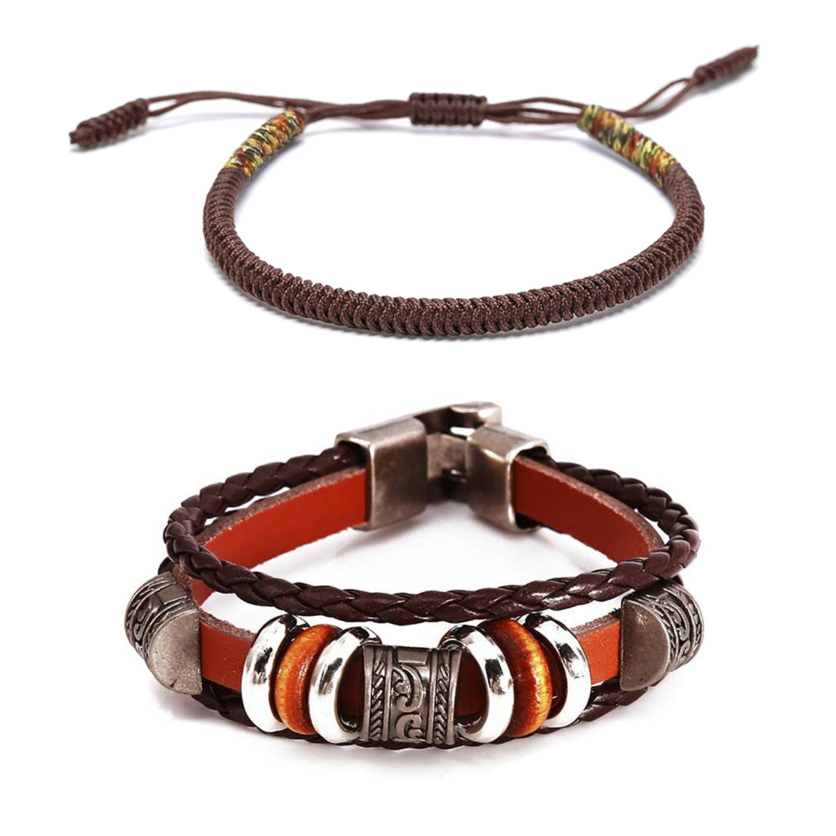 Pack 2 Pulseras Cuero con Piedras Café y Pulsera Budista Marrón Multicolor