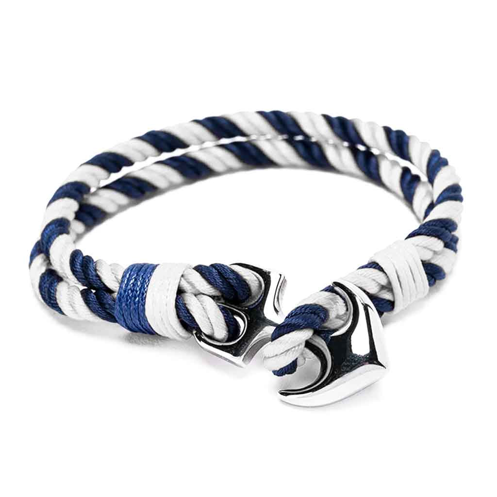 Pulsera Hombre en Cuerda Azul Blanca con Ancla color Plata