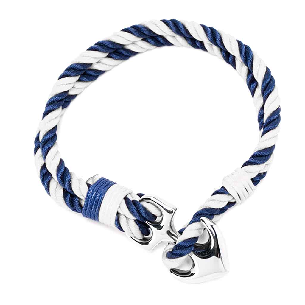Pulsera Hombre en Cuerda Azul Blanca con Ancla color Plata