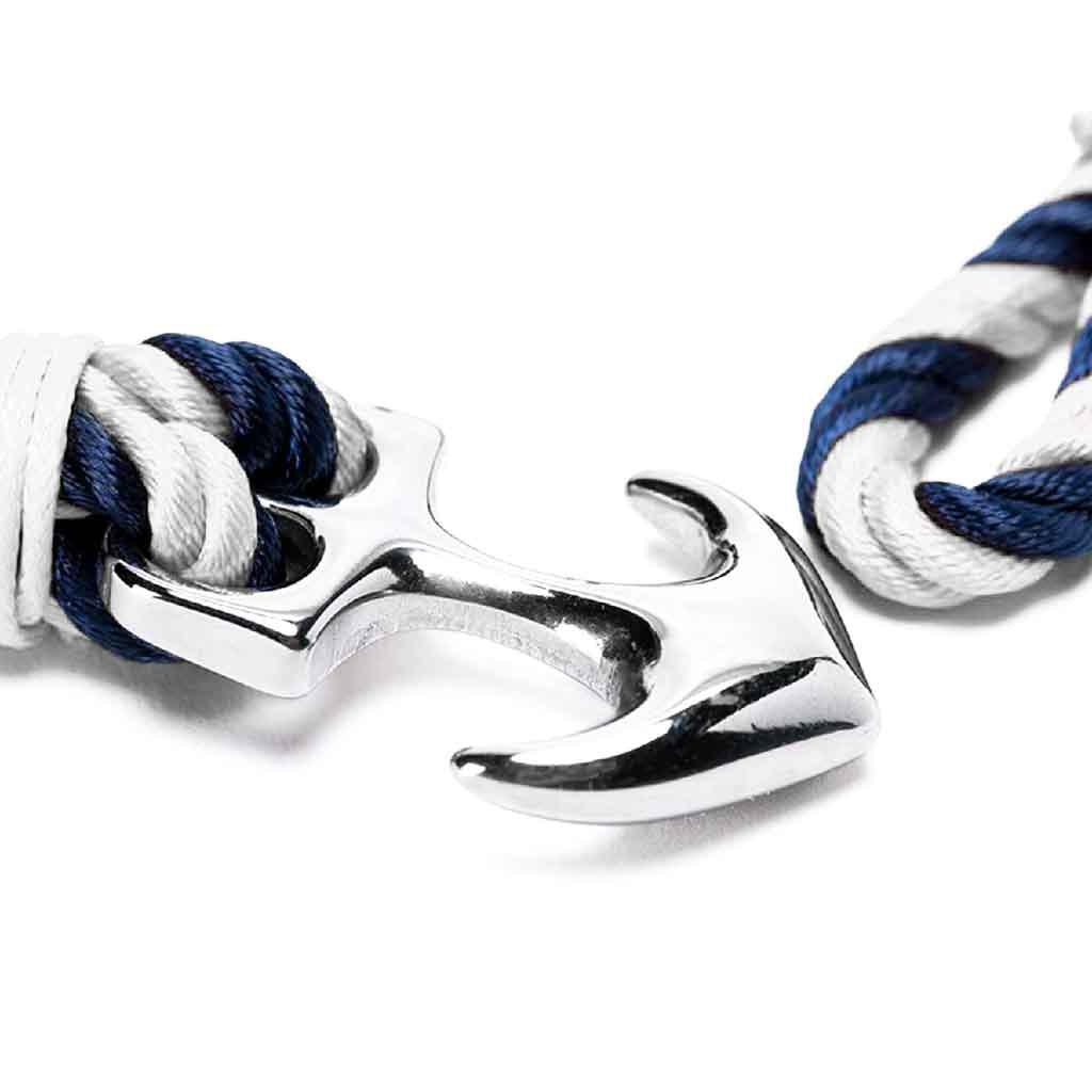 Pulsera Hombre en Cuerda Azul Blanca con Ancla color Plata