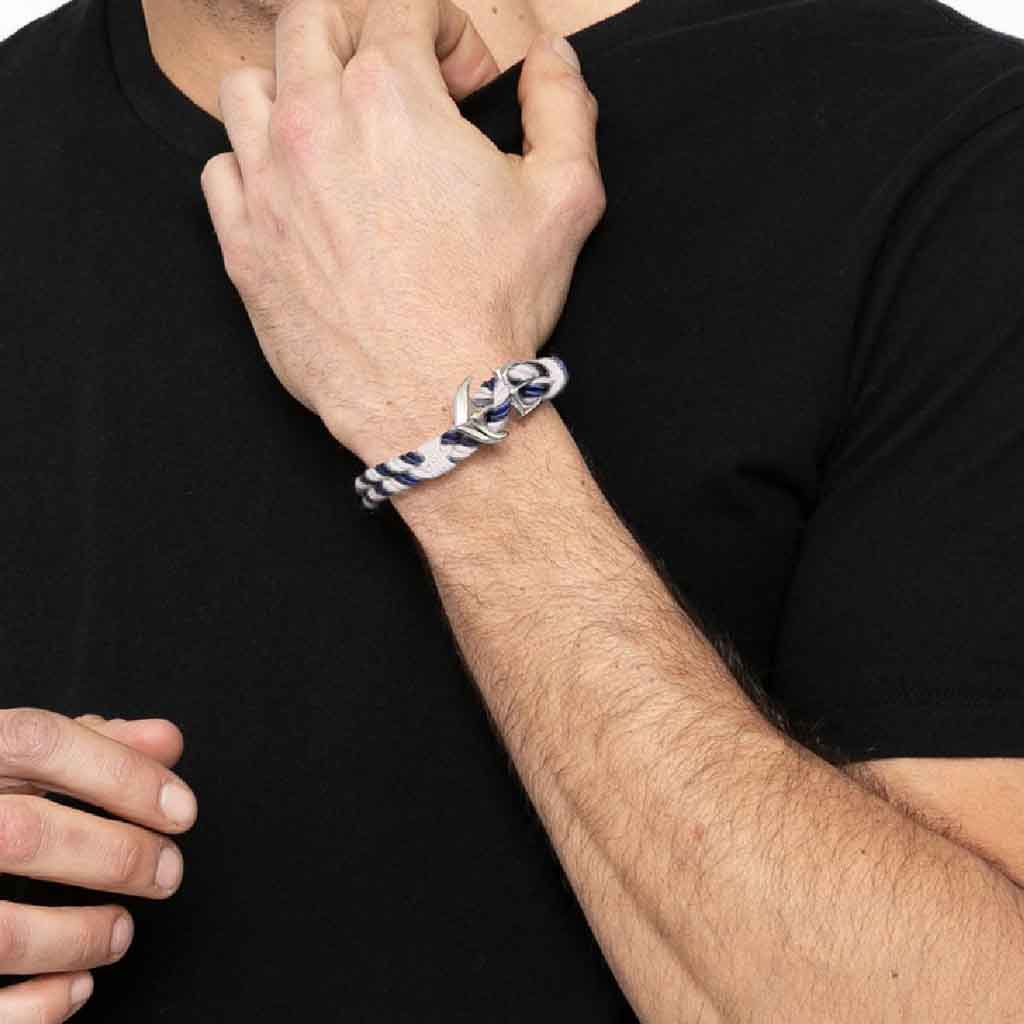 Pulsera Hombre en Cuerda Azul Blanca con Ancla color Plata