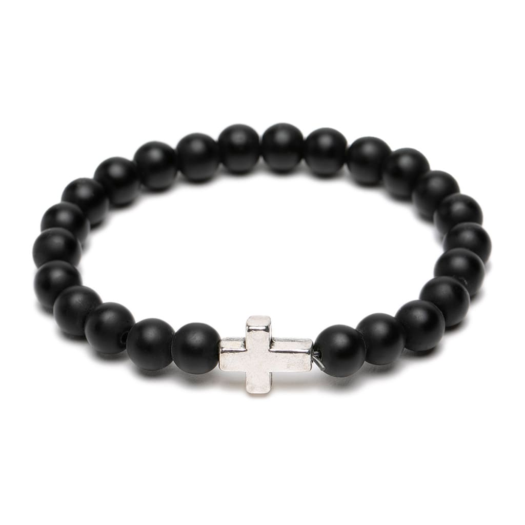 Pulsera Elástica con Esferas Color Negro y Detalle de Cruz