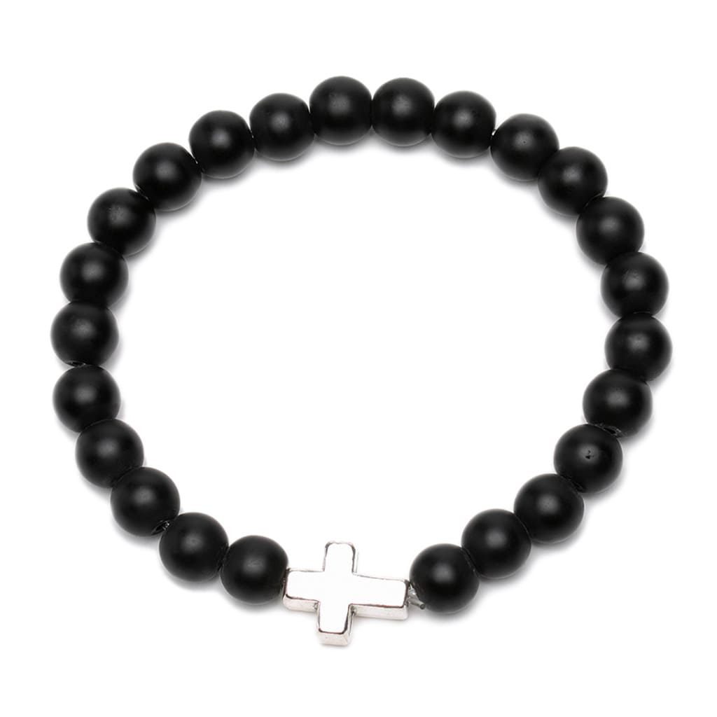 Pulsera Elástica con Esferas Color Negro y Detalle de Cruz